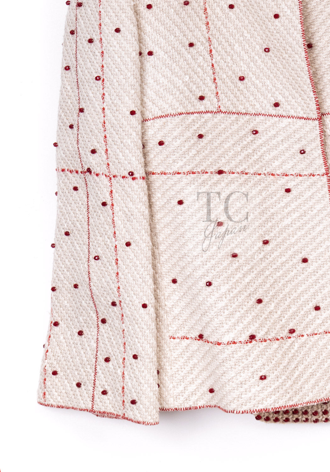 シャネル スーツ ジャケット CHANEL 00C ヴィンテージ ベージュ アイボリー レッド コットン スワロフスキー ビーズ 36