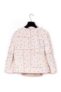 CHANEL 00C Vintage Beige Ivory Swarovski Red Beads Cotton Jacket Skirt Tops Set Up Suit 36 4