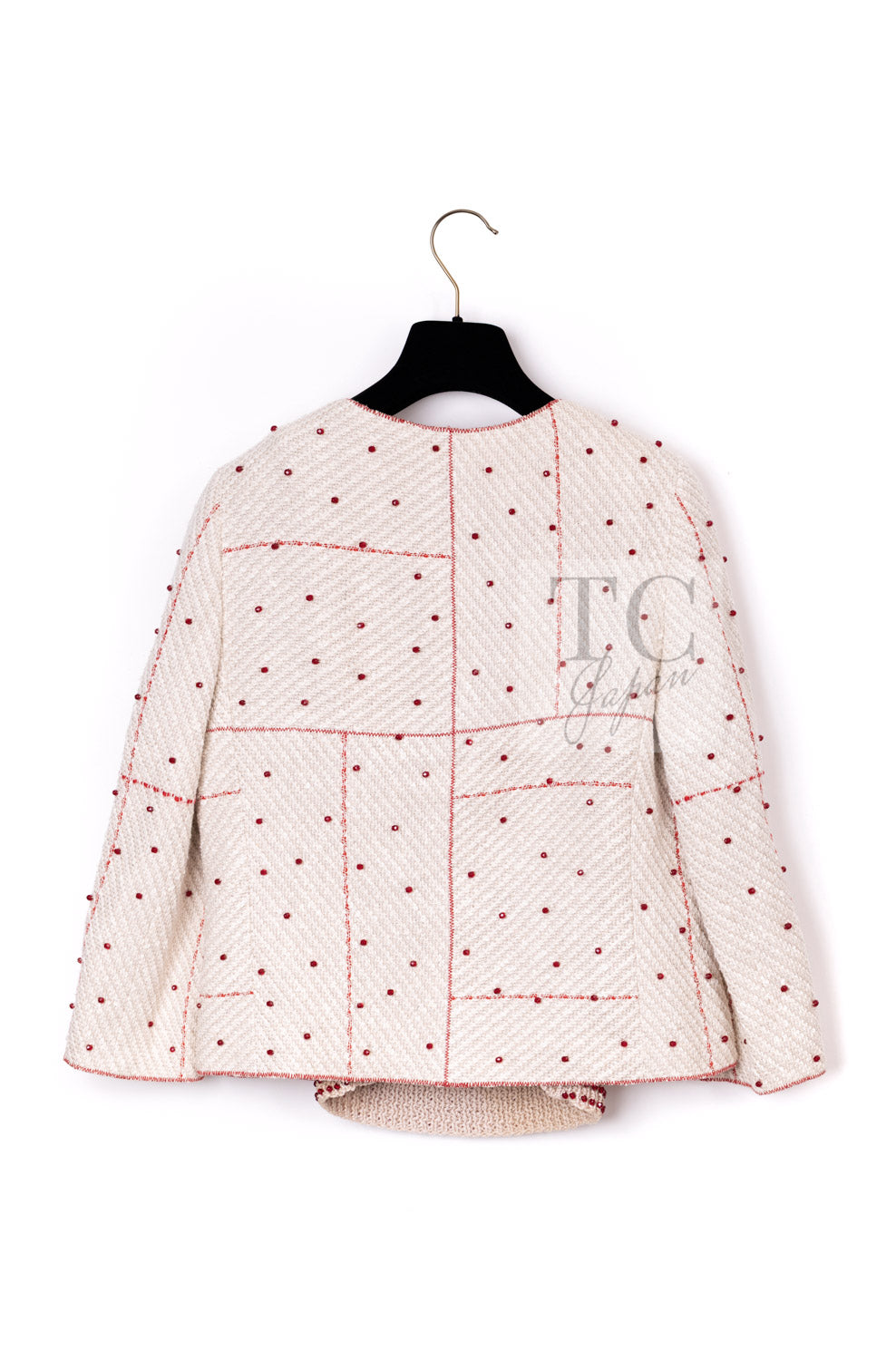 CHANEL 00C Vintage Beige Ivory Swarovski Red Beads Cotton Jacket Skirt Tops Set Up Suit 36 4