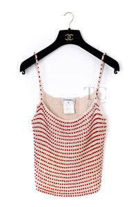 CHANEL 00C Vintage Beige Ivory Swarovski Red Beads Cotton Jacket Skirt Tops Set Up Suit 36 5