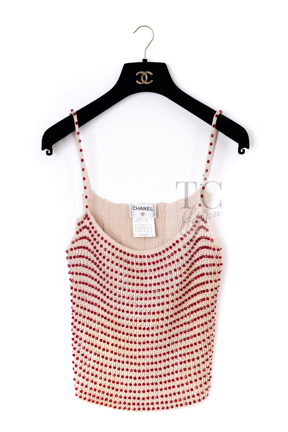 CHANEL 00C Vintage Beige Ivory Swarovski Red Beads Cotton Jacket Skirt Tops Set Up Suit 36 5
