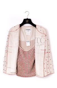 CHANEL 00C Vintage Beige Ivory Swarovski Red Beads Cotton Jacket Skirt Tops Set Up Suit 36 6