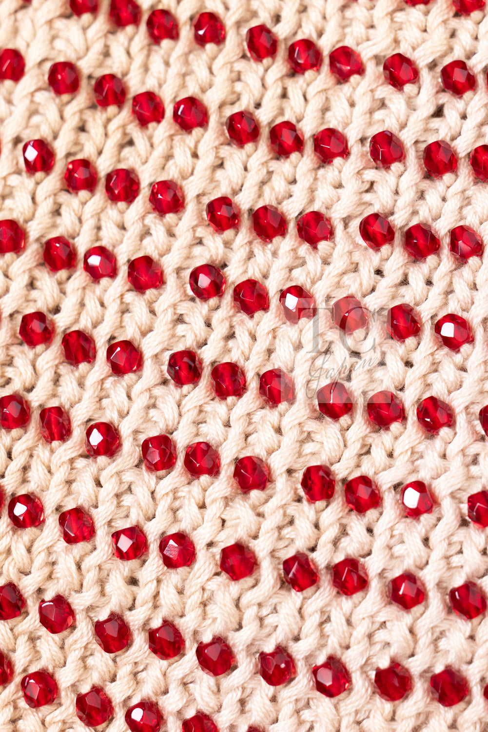 CHANEL 00C Vintage Beige Ivory Swarovski Red Beads Cotton Jacket Skirt Tops Set Up Suit 36 8