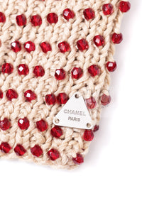 CHANEL 00C Vintage Beige Ivory Swarovski Red Beads Cotton Jacket Skirt Tops Set Up Suit 36 9