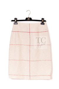CHANEL 00C Vintage Beige Ivory Swarovski Red Beads Cotton Jacket Skirt Tops Set Up Suit 36 17