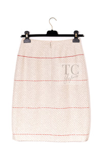 CHANEL 00C Vintage Beige Ivory Swarovski Red Beads Cotton Jacket Skirt Tops Set Up Suit 36 18