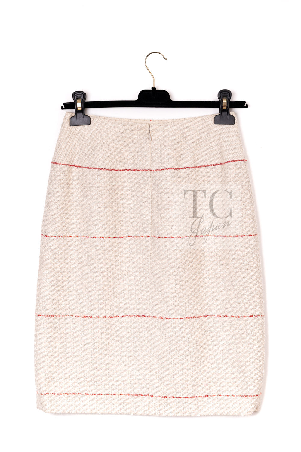 CHANEL 00C Vintage Beige Ivory Swarovski Red Beads Cotton Jacket Skirt Tops Set Up Suit 36 18