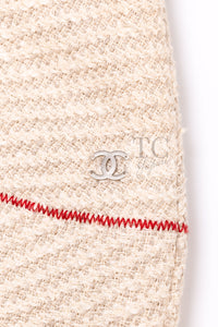 CHANEL 00C Vintage Beige Ivory Swarovski Red Beads Cotton Jacket Skirt Tops Set Up Suit 36 19