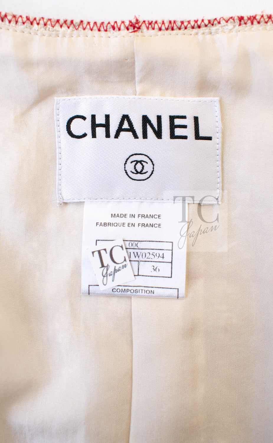 シャネル スーツ ジャケット CHANEL 00C ヴィンテージ ベージュ アイボリー レッド コットン スワロフスキー ビーズ 36