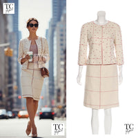 CHANEL 00C Vintage Beige Ivory Swarovski Red Beads Cotton Jacket Skirt Tops Set Up Suit 36 1