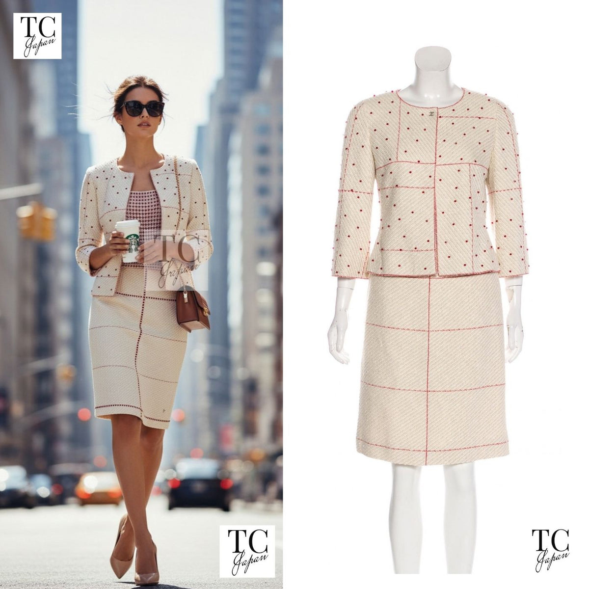 CHANEL 00C Vintage Beige Ivory Swarovski Red Beads Cotton Jacket Skirt Tops Set Up Suit 36 1