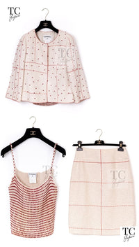 CHANEL 00C Vintage Beige Ivory Swarovski Red Beads Cotton Jacket Skirt Tops Set Up Suit 36 13
