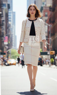 CHANEL 00C Vintage Beige Ivory Swarovski Red Beads Cotton Jacket Skirt Tops Set Up Suit 36 12