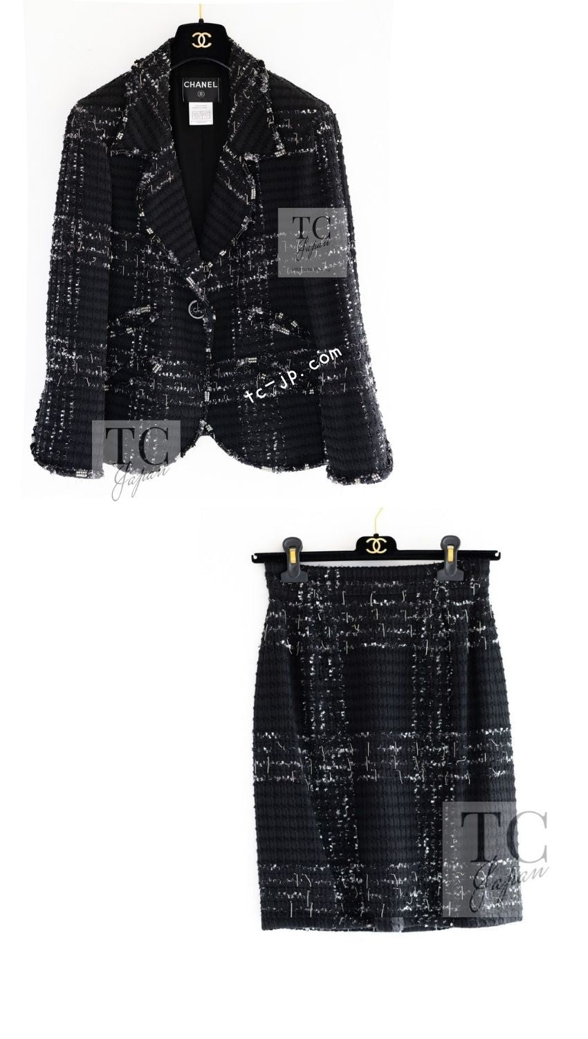 CHANEL 08C Black Beaded Chain Cotton Wool Tweed Jacket Skirt Suit 38 シャネル ブラック ビーズ チェーン コットン ウール ツイード ジャケット スカート スーツ 即発