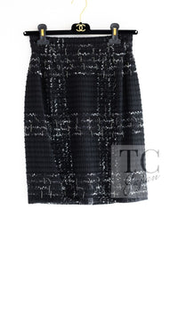 CHANEL 08C Black Beaded Chain Cotton Wool Tweed Jacket Skirt Suit 38 シャネル ブラック ビーズ チェーン コットン ウール ツイード ジャケット スカート スーツ 即発