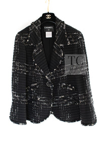 CHANEL 08C Black Beaded Chain Cotton Wool Tweed Jacket Skirt Suit 38 シャネル ブラック ビーズ チェーン コットン ウール ツイード ジャケット スカート スーツ 即発
