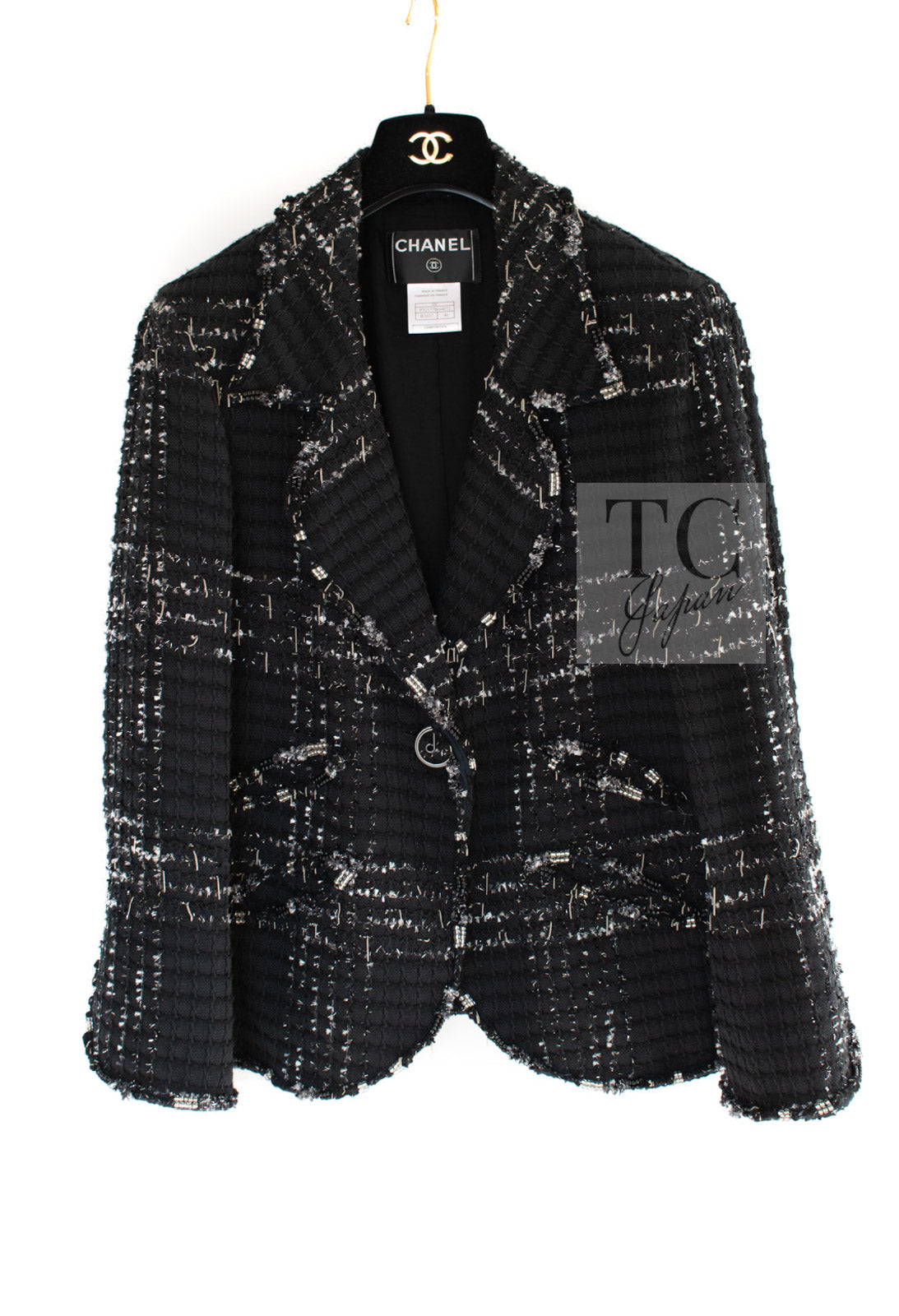 CHANEL 08C Black Beaded Chain Cotton Wool Tweed Jacket Skirt Suit 38 シャネル ブラック ビーズ チェーン コットン ウール ツイード ジャケット スカート スーツ 即発