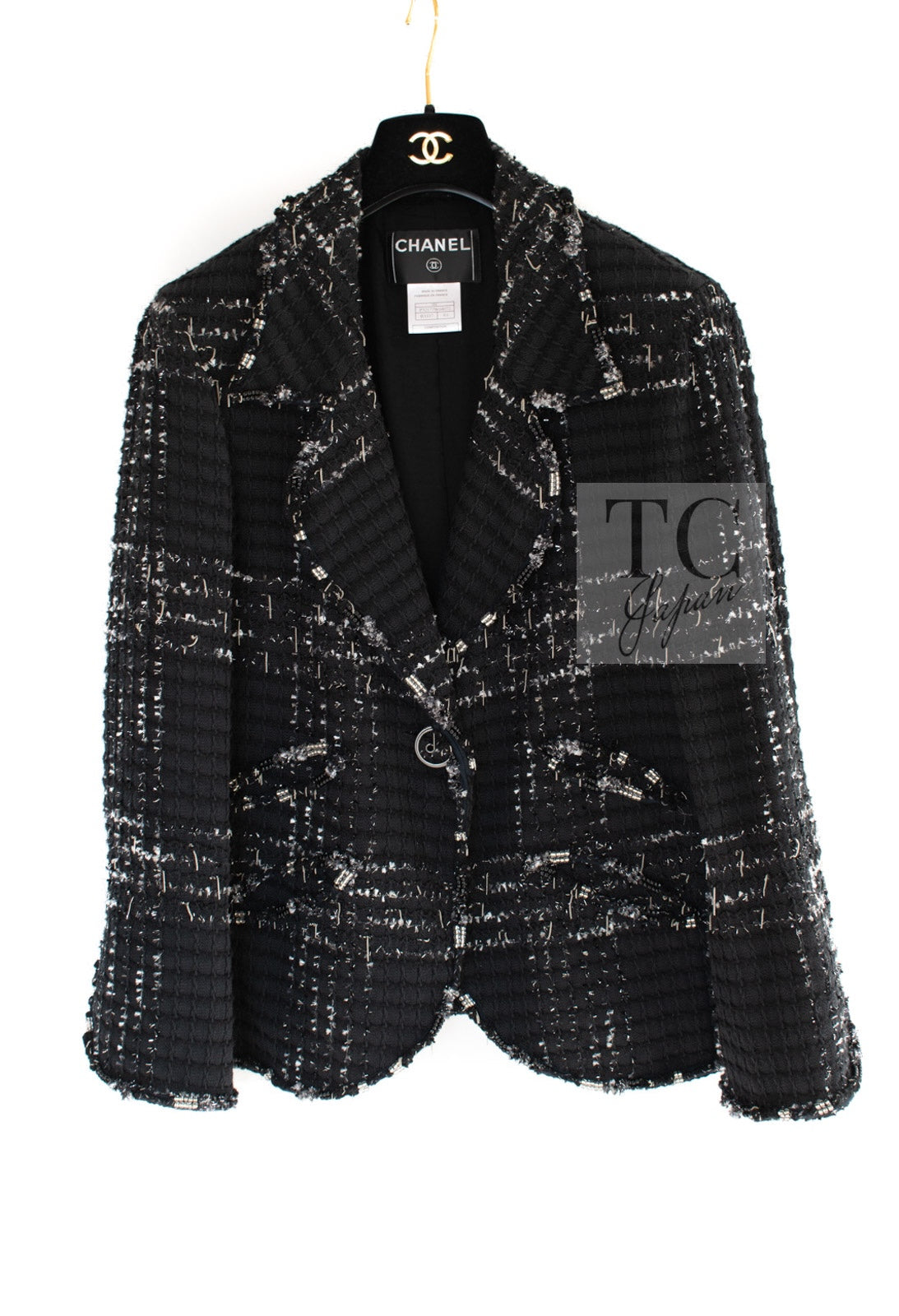 CHANEL Jacket 08C Black Beaded Chain Cotton Wool Tweed 42 シャネル ジャケット CHANEL ブラック ビーズ チェーン コットン ウール ツイード