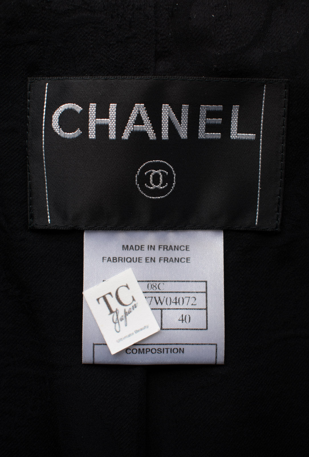 CHANEL 08C Black Beaded Chain Cotton Wool Tweed Jacket Skirt Suit 38 シャネル ブラック ビーズ チェーン コットン ウール ツイード ジャケット スカート スーツ 即発