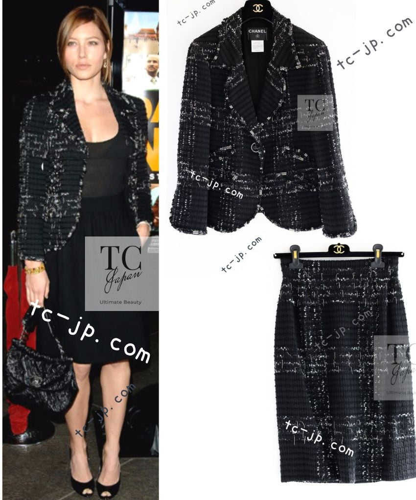 CHANEL 08C Black Beaded Chain Cotton Wool Tweed Jacket Skirt Suit 36 シャネル ブラック ビーズ チェーン コットン ウール ツイード ジャケット スカート スーツ 即発