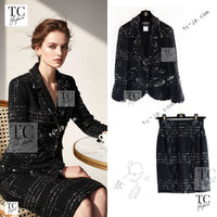 CHANEL 08C Black Beaded Chain Cotton Wool Tweed Jacket Skirt Suit 38 シャネル ブラック ビーズ チェーン コットン ウール ツイード ジャケット スカート スーツ 即発