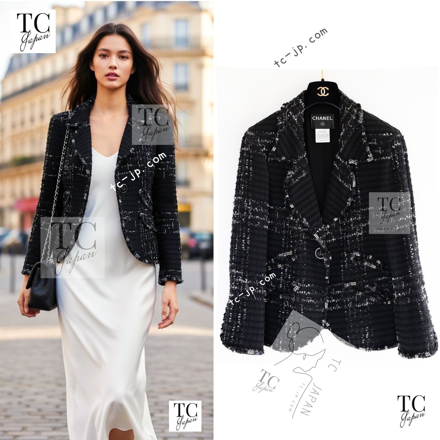CHANEL Jacket 08C Black Beaded Chain Cotton Wool Tweed 42 シャネル ジャケット CHANEL ブラック ビーズ チェーン コットン ウール ツイード