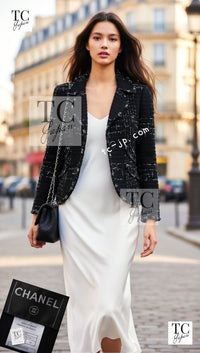 CHANEL 08C Black Beaded Chain Cotton Wool Tweed Jacket Skirt Suit 38 シャネル ブラック ビーズ チェーン コットン ウール ツイード ジャケット スカート スーツ 即発