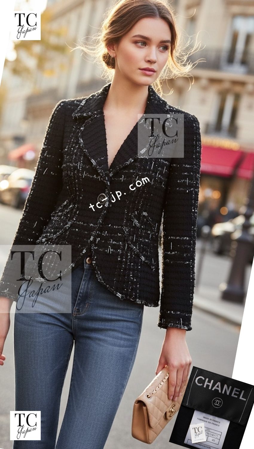 CHANEL 08C Black Beaded Chain Cotton Wool Tweed Jacket Skirt Suit 38 シャネル ブラック ビーズ チェーン コットン ウール ツイード ジャケット スカート スーツ 即発