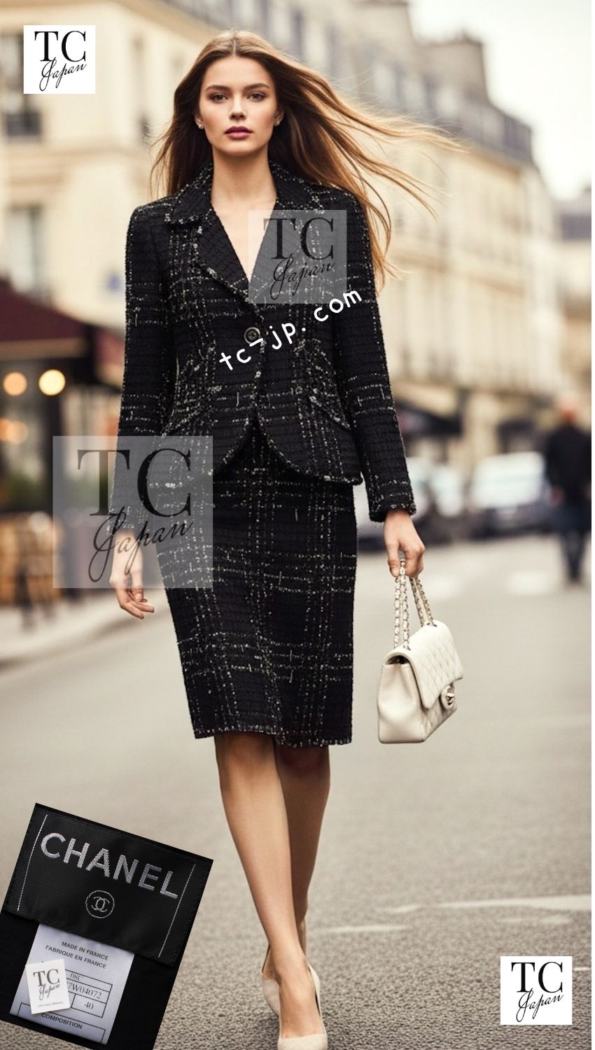 CHANEL 08C Black Beaded Chain Cotton Wool Tweed Jacket Skirt Suit 38 シャネル ブラック ビーズ チェーン コットン ウール ツイード ジャケット スカート スーツ 即発