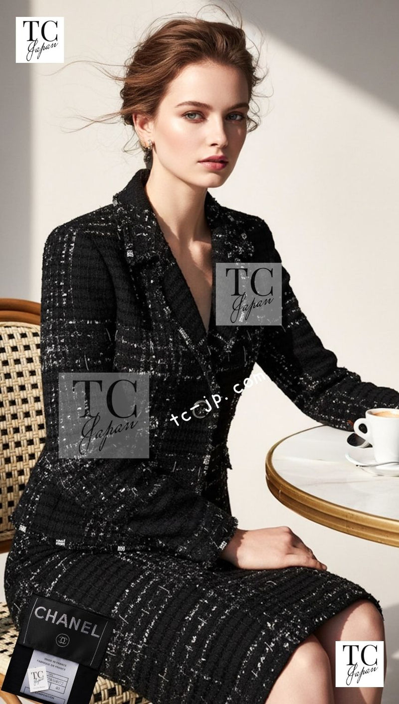 CHANEL 08C Black Beaded Chain Cotton Wool Tweed Jacket Skirt Suit 38 シャネル ブラック ビーズ チェーン コットン ウール ツイード ジャケット スカート スーツ 即発