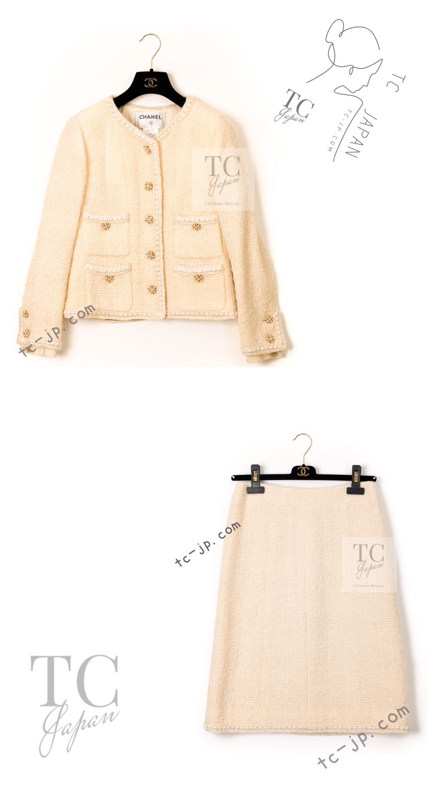 CHANEL 06PF Creme Ivory Wool Mohair Silk Gripoix Tweed Jacket Skirt Suit 34 36 シャネル クリーム アイボリー ウール モヘア シルク グリポワ宝石ボタン ツイード ジャケット スカート スーツ 即発