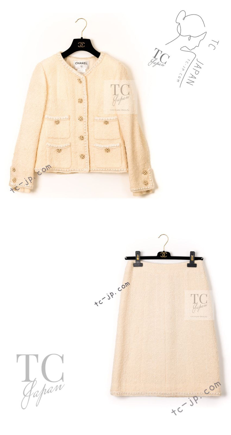 CHANEL 06PF Creme Ivory Wool Mohair Silk Gripoix Tweed Jacket Skirt Suit 34 36 シャネル クリーム アイボリー ウール モヘア シルク グリポワ宝石ボタン ツイード ジャケット スカート スーツ 即発