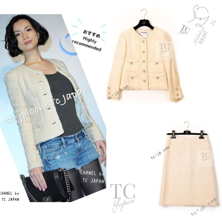 CHANEL 06PF Creme Ivory Wool Mohair Silk Gripoix Tweed Jacket Skirt Suit 34 36 シャネル クリーム アイボリー ウール モヘア シルク グリポワ宝石ボタン ツイード ジャケット スカート スーツ 即発