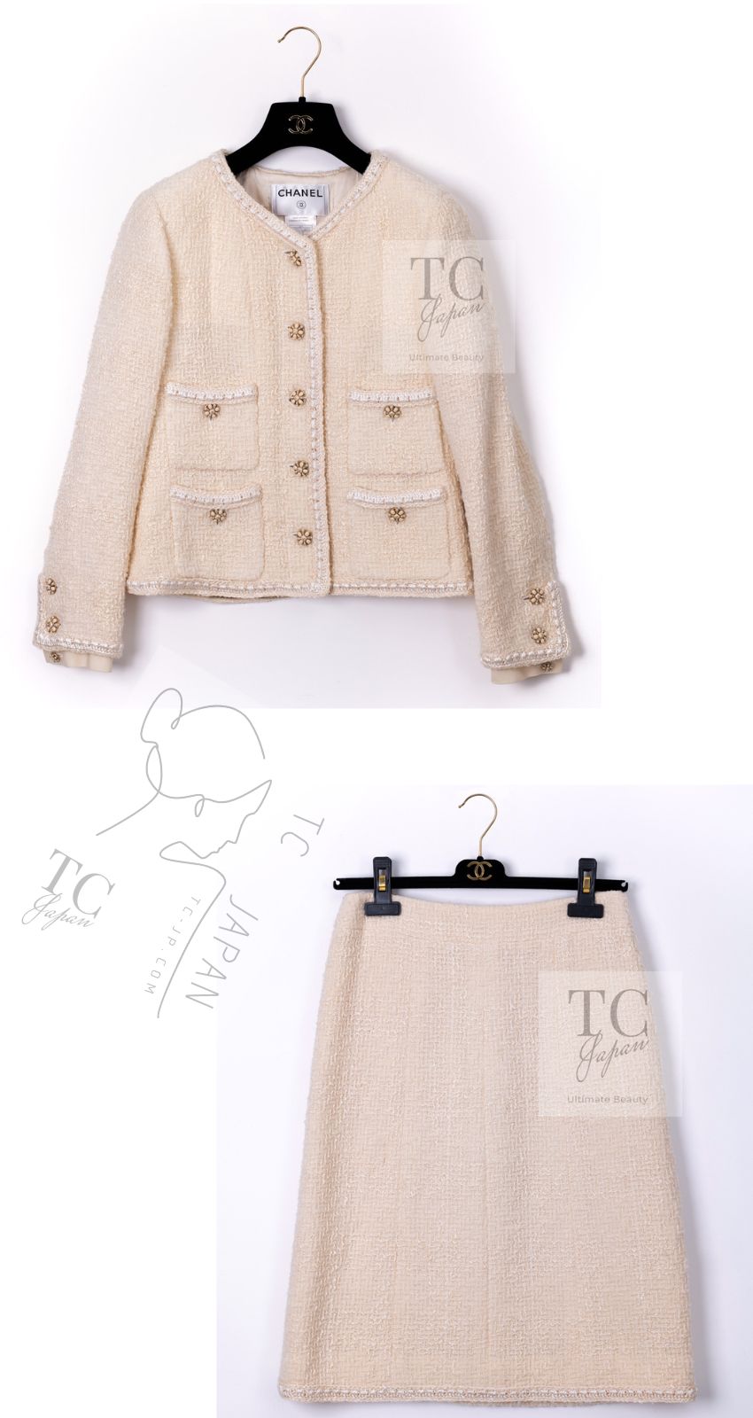 CHANEL 06PF Creme Ivory Wool Mohair Silk Gripoix Tweed Jacket Skirt Suit 34 36 シャネル クリーム アイボリー ウール モヘア シルク グリポワ宝石ボタン ツイード ジャケット スカート スーツ 即発