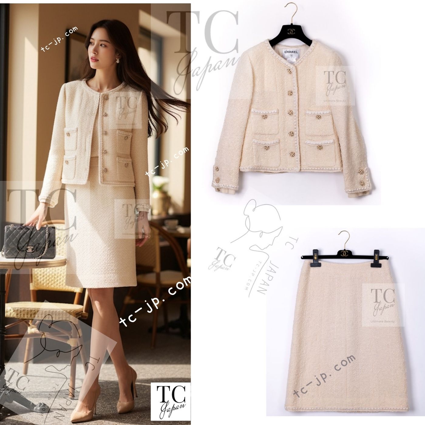 CHANEL 06PF Creme Ivory Wool Mohair Silk Gripoix Tweed Jacket Skirt Suit 34 36 シャネル クリーム アイボリー ウール モヘア シルク グリポワ宝石ボタン ツイード ジャケット スカート スーツ 即発