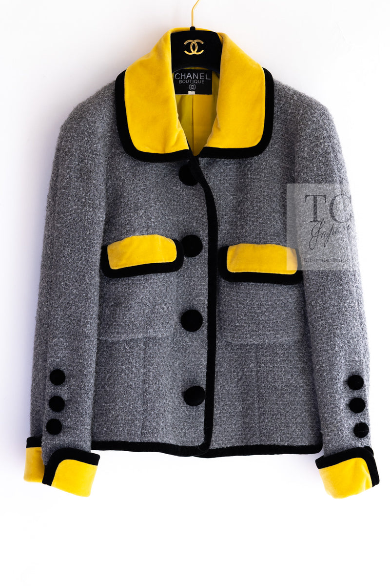 CHANEL 90A Vintage Gray Yellow Trim Velvet Tweed Jacket 38 シャネル ヴィンテージ グレー イエロー トリム ベルベット ツイード ジャケット 即発