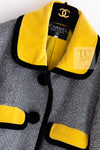 CHANEL 90A Vintage Gray Yellow Trim Velvet Tweed Jacket 38 シャネル ヴィンテージ グレー イエロー トリム ベルベット ツイード ジャケット 即発