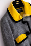 CHANEL 90A Vintage Gray Yellow Trim Velvet Tweed Jacket 38 シャネル ヴィンテージ グレー イエロー トリム ベルベット ツイード ジャケット 即発
