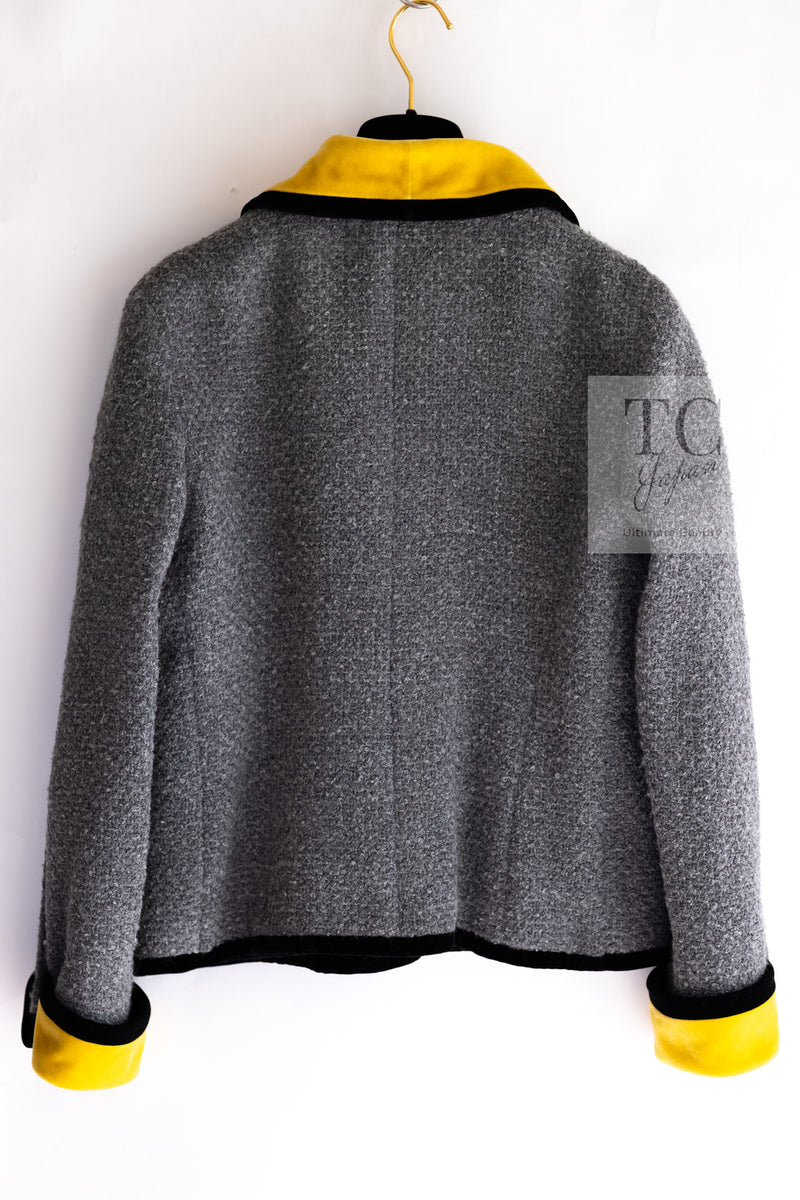 CHANEL 90A Vintage Gray Yellow Trim Velvet Tweed Jacket 38 シャネル ヴィンテージ グレー イエロー トリム ベルベット ツイード ジャケット 即発