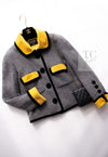 CHANEL 90A Vintage Gray Yellow Trim Velvet Tweed Jacket 38 シャネル ヴィンテージ グレー イエロー トリム ベルベット ツイード ジャケット 即発