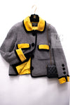 CHANEL 90A Vintage Gray Yellow Trim Velvet Tweed Jacket 38 シャネル ヴィンテージ グレー イエロー トリム ベルベット ツイード ジャケット 即発