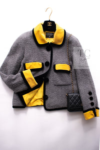 CHANEL 90A Vintage Gray Yellow Trim Velvet Tweed Jacket 38 シャネル ヴィンテージ グレー イエロー トリム ベルベット ツイード ジャケット 即発