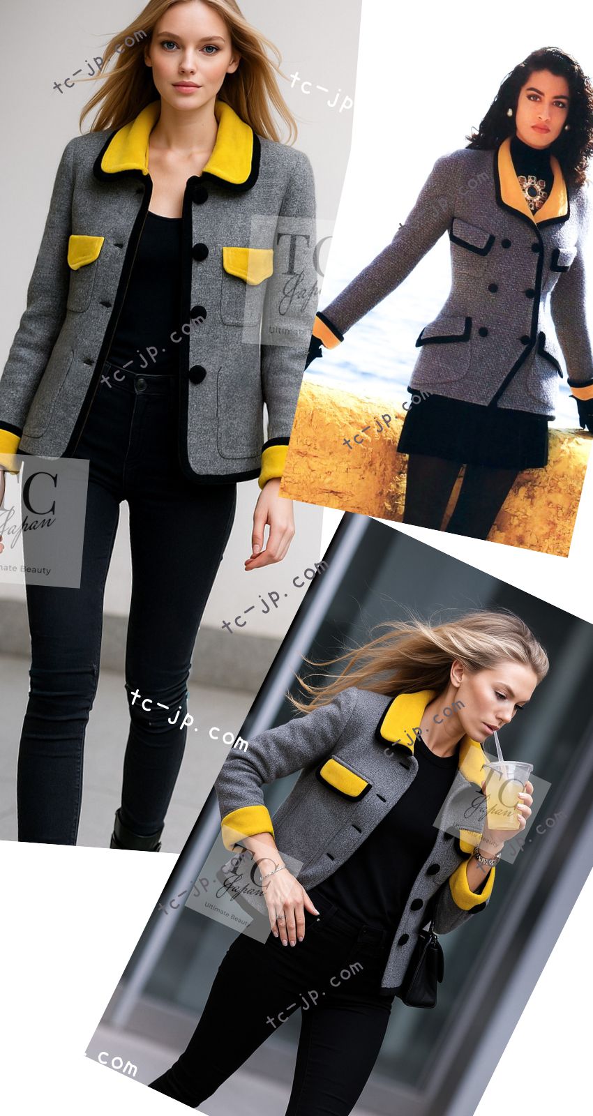 CHANEL 90A Vintage Gray Yellow Trim Velvet Tweed Jacket 38 シャネル ヴィンテージ グレー イエロー トリム ベルベット ツイード ジャケット 即発