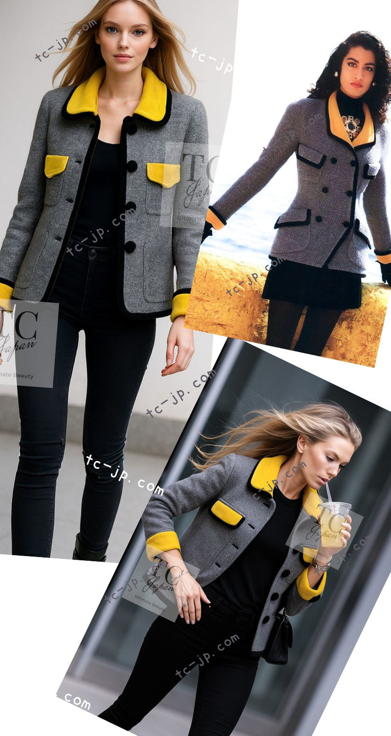 CHANEL 90A Vintage Gray Yellow Trim Velvet Tweed Jacket 38 シャネル ヴィンテージ グレー イエロー トリム ベルベット ツイード ジャケット 即発