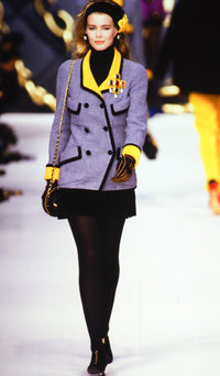 CHANEL 90A Vintage Gray Yellow Trim Velvet Tweed Jacket 38 シャネル ヴィンテージ グレー イエロー トリム ベルベット ツイード ジャケット 即発