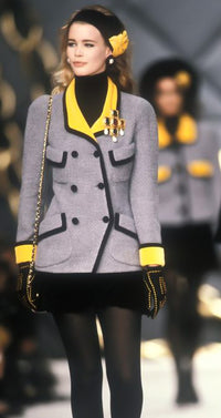 CHANEL 90A Vintage Gray Yellow Trim Velvet Tweed Jacket 38 シャネル ヴィンテージ グレー イエロー トリム ベルベット ツイード ジャケット 即発