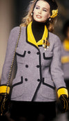 CHANEL 90A Vintage Gray Yellow Trim Velvet Tweed Jacket 38 シャネル ヴィンテージ グレー イエロー トリム ベルベット ツイード ジャケット 即発