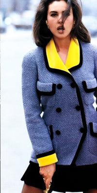 CHANEL 90A Vintage Gray Yellow Trim Velvet Tweed Jacket 38 シャネル ヴィンテージ グレー イエロー トリム ベルベット ツイード ジャケット 即発