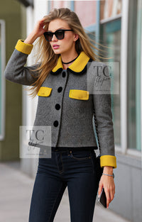 CHANEL 90A Vintage Gray Yellow Trim Velvet Tweed Jacket 38 シャネル ヴィンテージ グレー イエロー トリム ベルベット ツイード ジャケット 即発