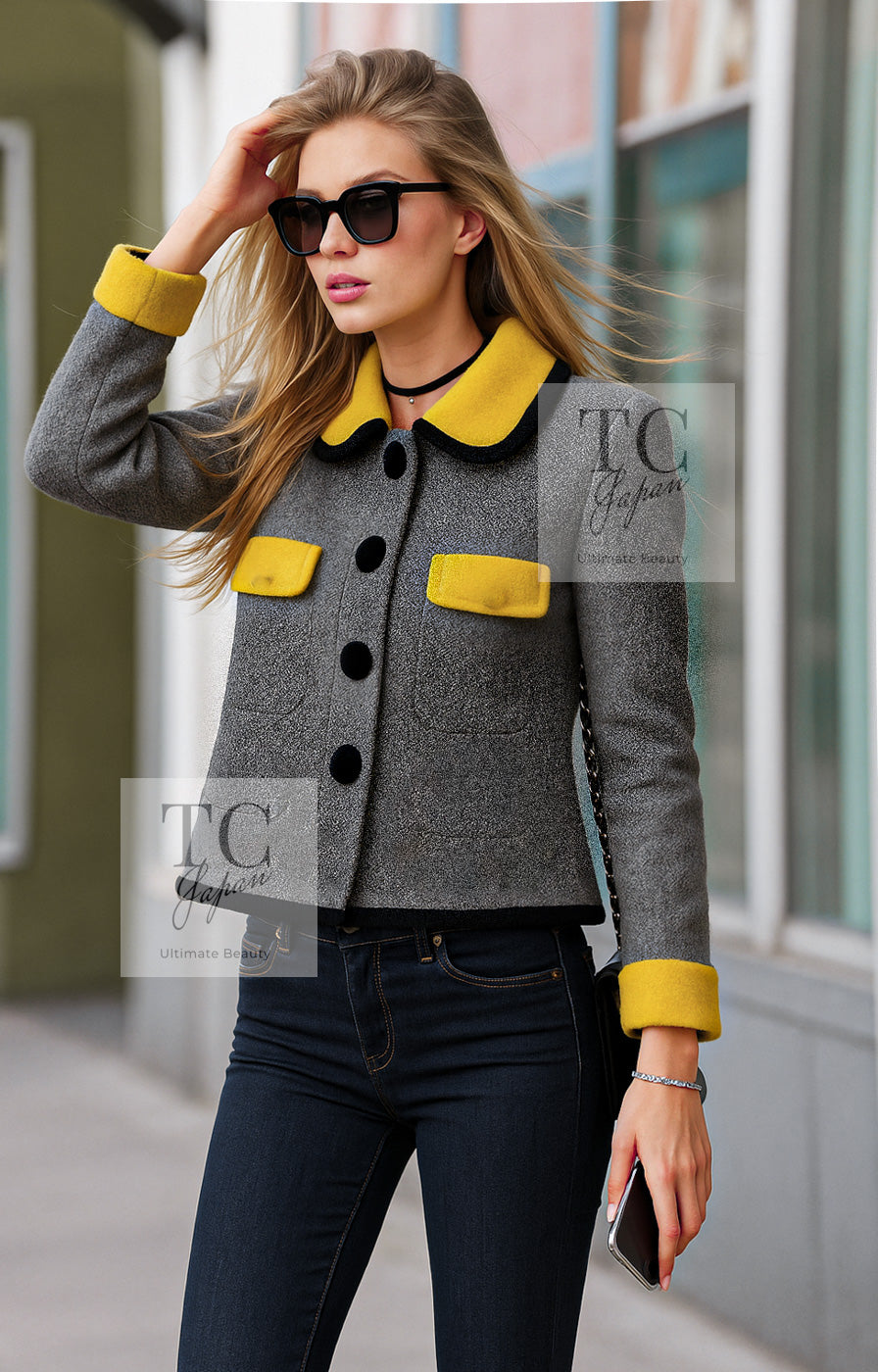 CHANEL 90A Vintage Gray Yellow Trim Velvet Tweed Jacket 38 シャネル ヴィンテージ グレー イエロー トリム ベルベット ツイード ジャケット 即発